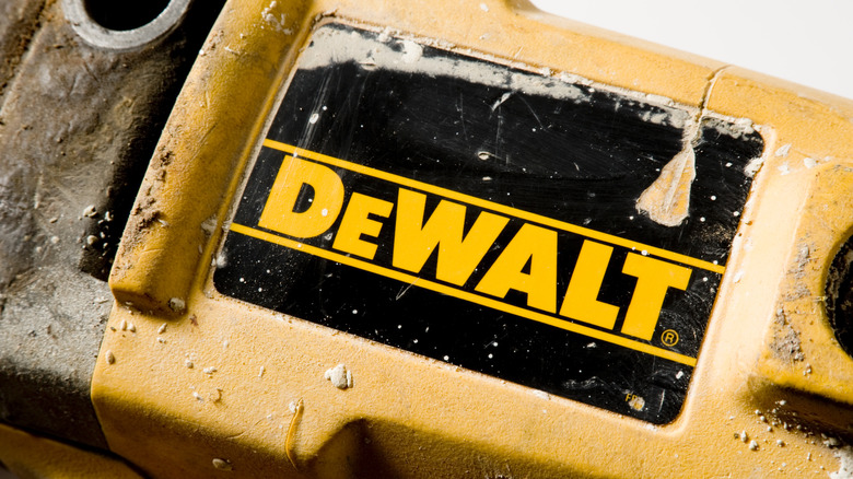A closeup of the DeWalt logo on a tool.
