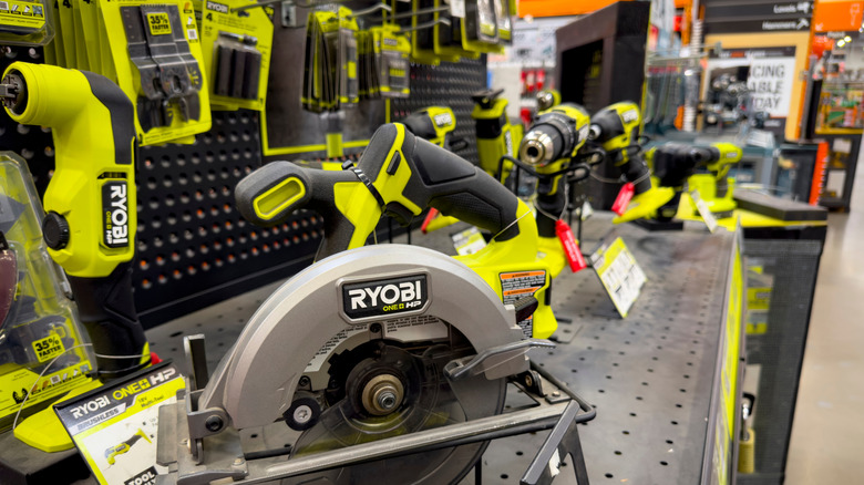 Ryobi tools on a shelf