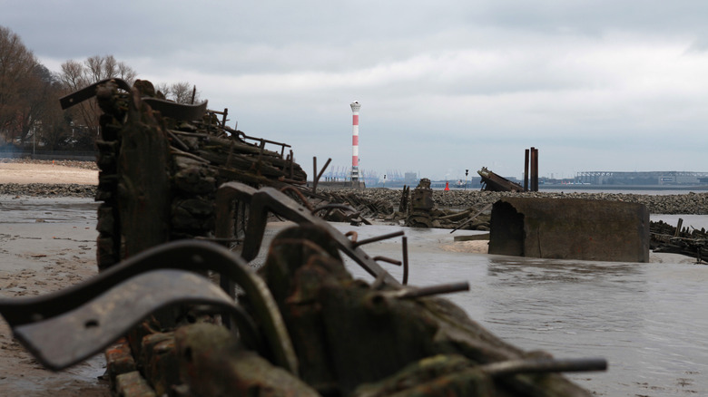 Two shipwrecks seen from the beach