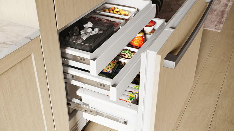 Close up of the drawers of a Bosch refrigerator/freezer.