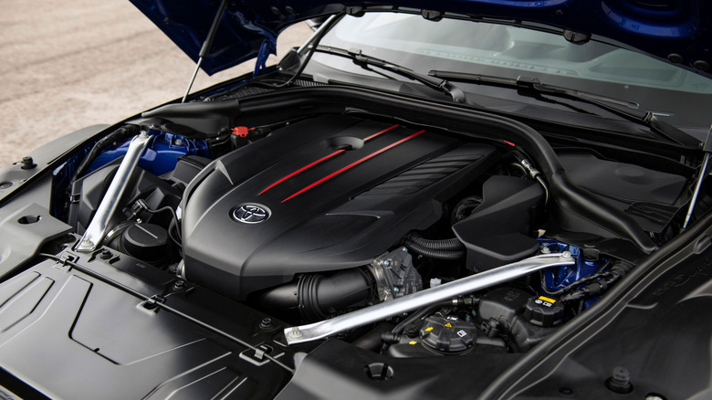 Top view of B58 engine under the hood of 2026 Toyota GR Supra.