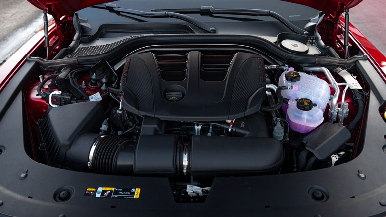 Top view of Hurricane 3.0 inline-6 engine in 2026 Dodge Charger Six Pack engine bay.