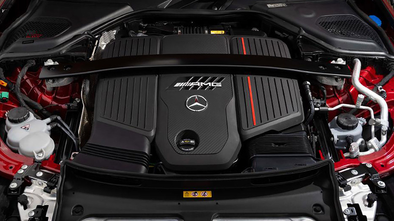 Top view of M256 inline-6 engine in 2025 Mercedes-Benz AMG E 53 Hybrid engine bay.