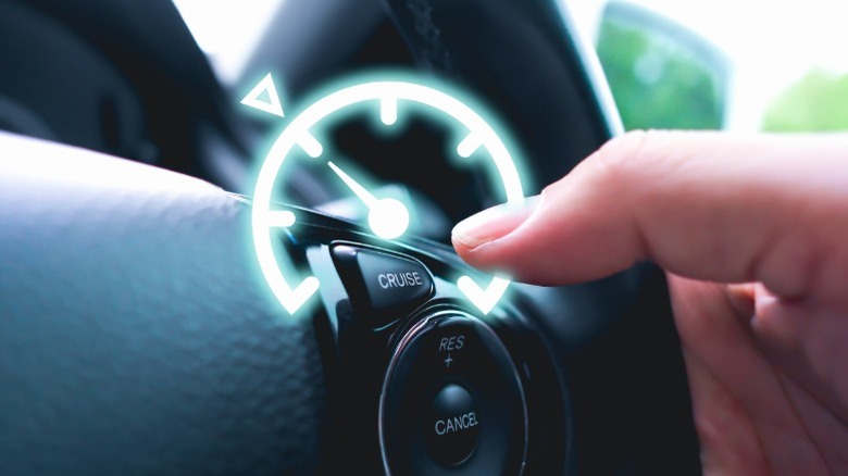 Cruise control button on a car's steering wheel