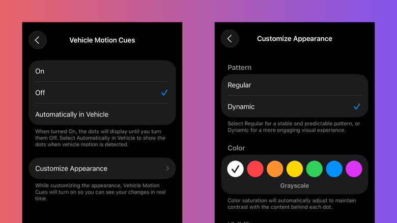iOS 26 vehicle motion cues customization options