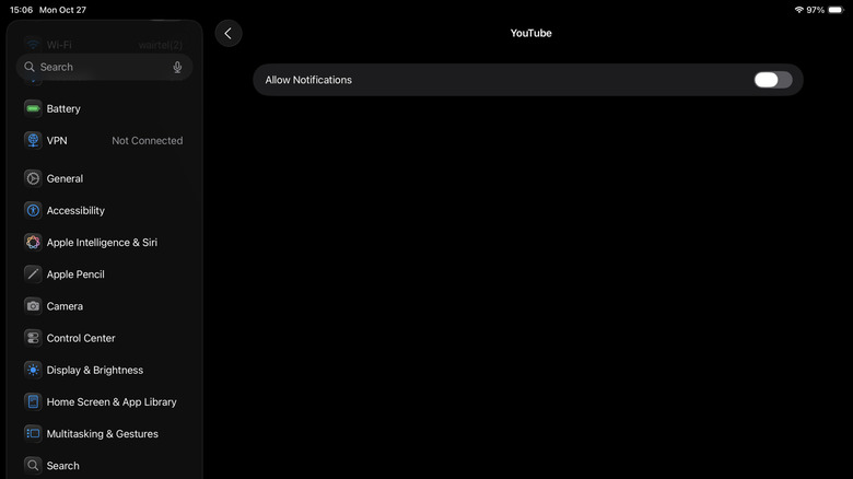 Allow Notifications toggle turned off for the YouTube app on an iPad.