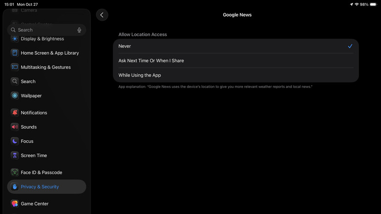 Allow Location Access option set to Never for Google News app on an iPad.