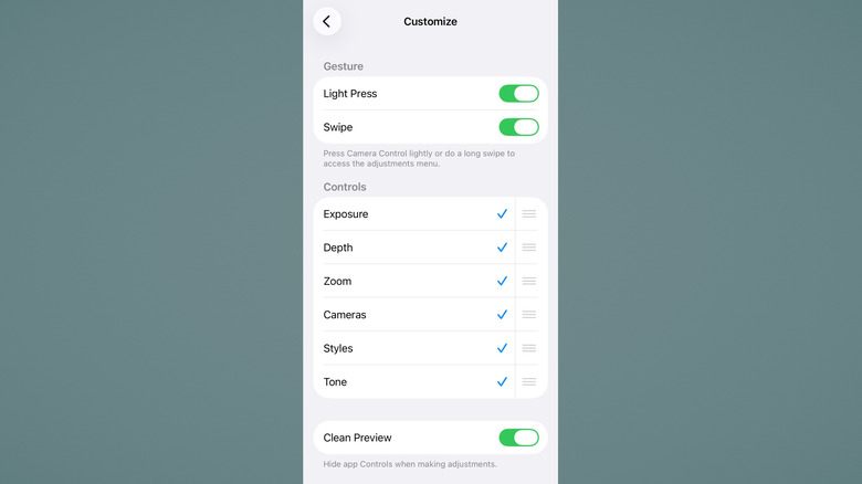 Customization options for the camera control button in the iPhone camera settings