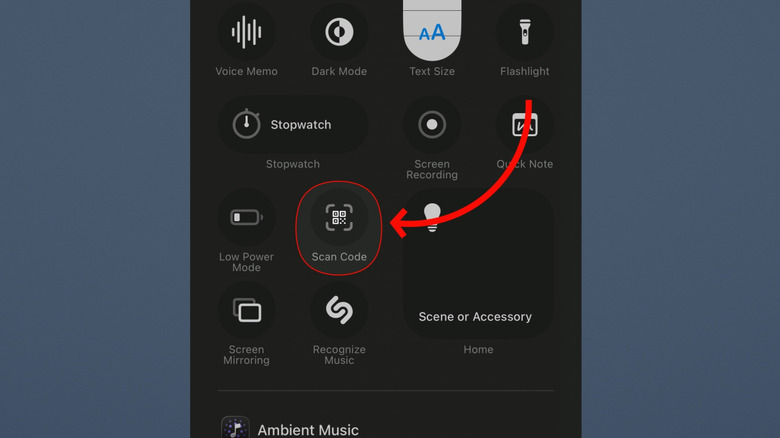 Scan code control in the iPhone control center