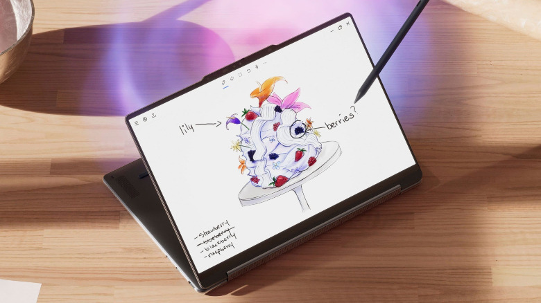A floating pen draws on a Lenovo Yoga 9i 2-in-1 Aura Edition.