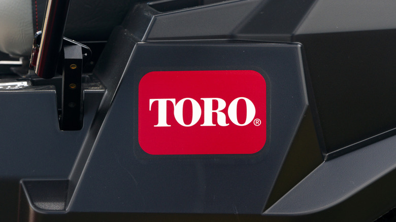 Close-up of Toro logo on a lawn mower