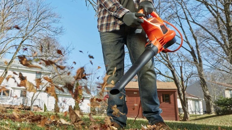 Person using Black and Decker 3-in-1 VacPack Leaf Blower on leaves