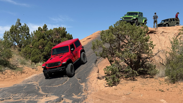 Three Jeeps off-roading in Moab, Utah
