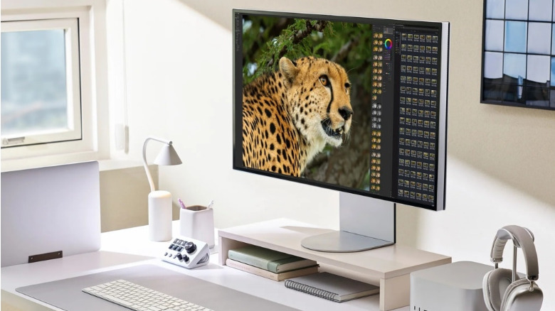 LG's UltraFine evo 6K Monitor on a white desk.