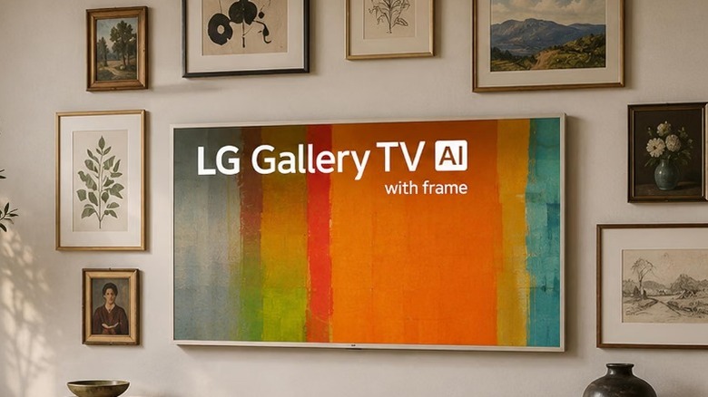LG 55-inch LX7B Series QNED AI Gallery TV on wall with picture frames