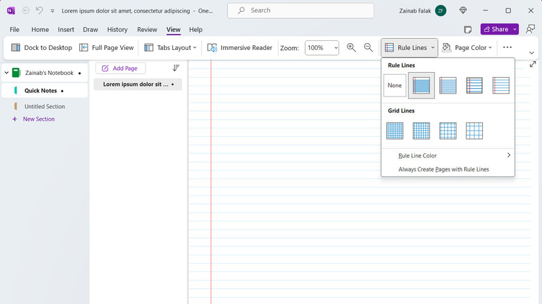 Rule lines OneNote