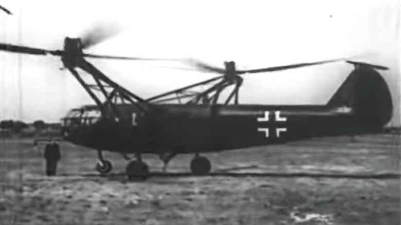 Fa 223 Drache twin rotor helicopter on ground with rotors turning
