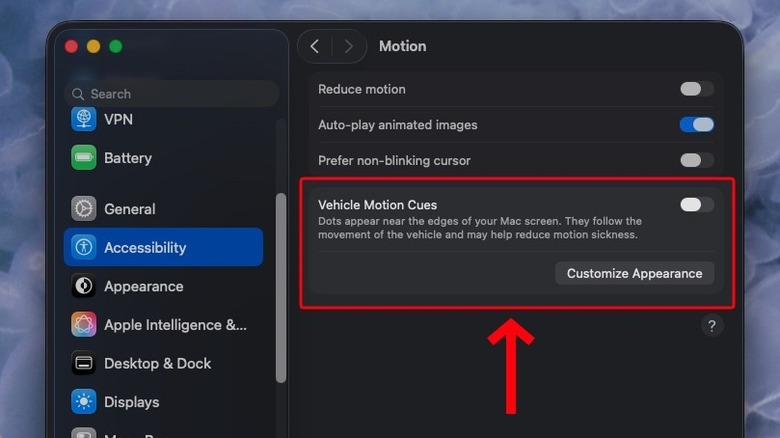 Vehicle motion cues on Mac OS