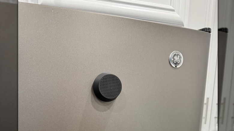 Close up of Bluetooth speaker on fridge