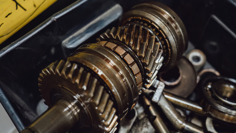Close-up of transmission internals showing gears on input shaft