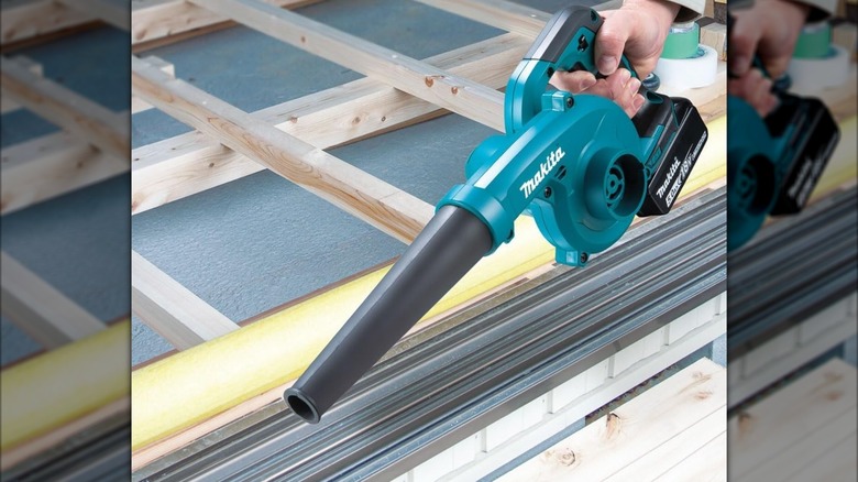 A person holding Makita cordless leaf blower