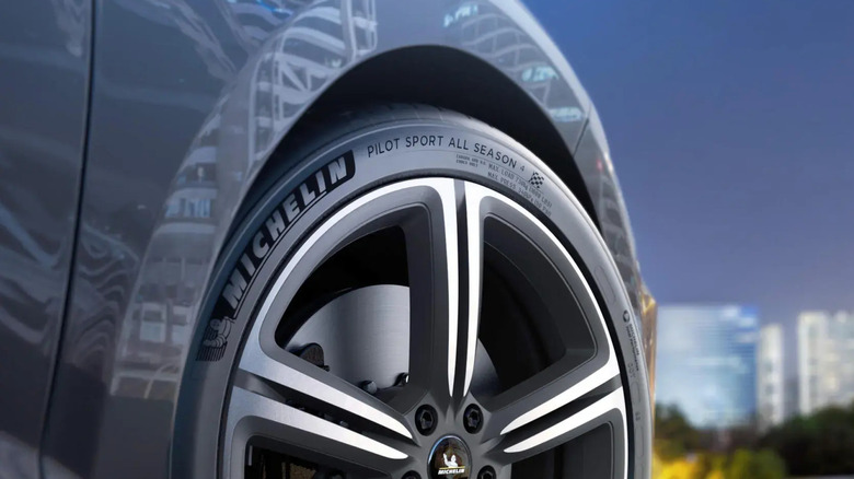 Closeup of a Michelin Pilot Sport All Season 4 tire