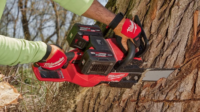 A person cutting a tree with a Milwaukee chainsaw.