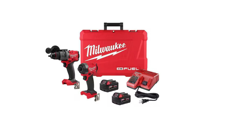 Milwaukee Hammer Drill and Impact Driver kit pictured against a white background