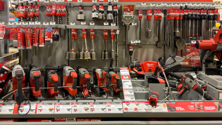 An assortment of Milwaukee tools inside a store.