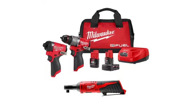 Milwaukee M12 Fuel Hammer Drill and Impact Driver Combo Kit with ⅜-inch Ratchet on white background