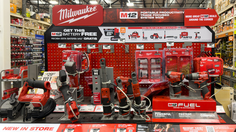 Milwaukee tools on display at a Home Depot.