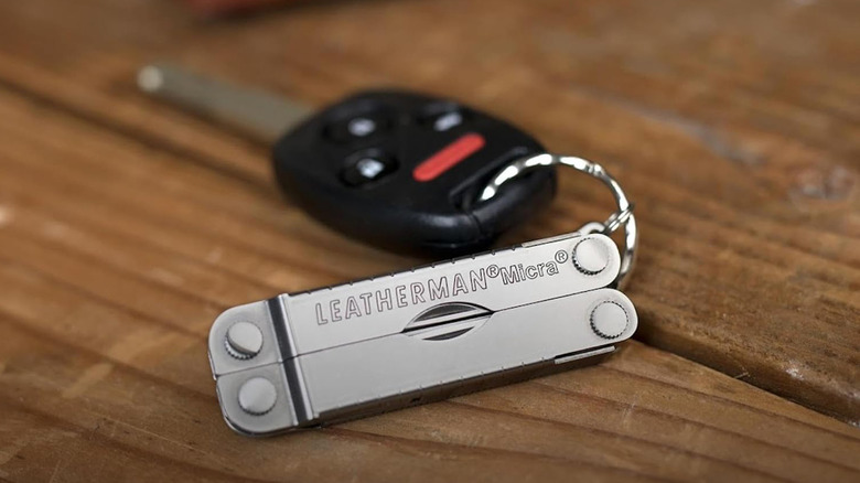 A Leatherman Micra multitool attached to a keychain.