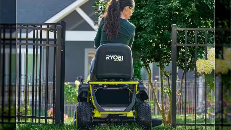 Ryobi R1 80V HP Cordless Electric 30-inch Riding Lawn Mower in use