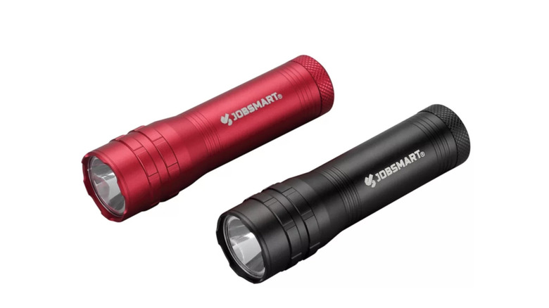One red JobSmart 300 Lm mini flashlight beside a black one