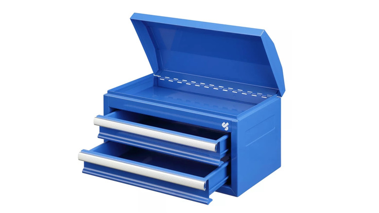 A blue JobSmart miniature tool chest with shelves open against white background