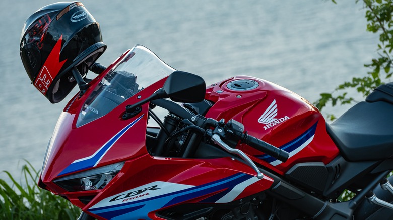 motorcycle helmet on a motorcycle