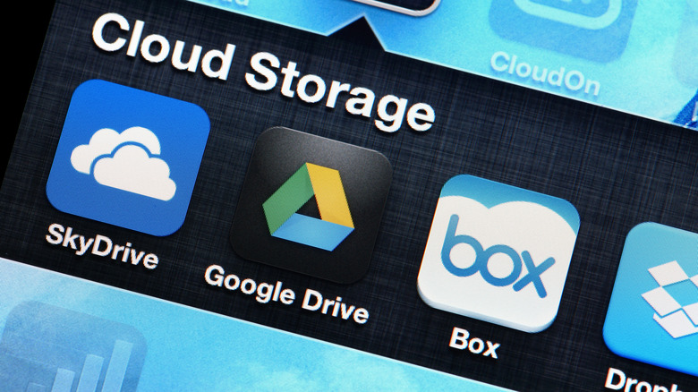 App tiles of cloud storage apps, including Google Drive and Dropbox, on a phone screen.