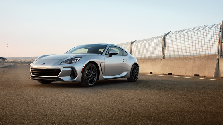 A 2026 Subaru BRZ in silver parked on a track