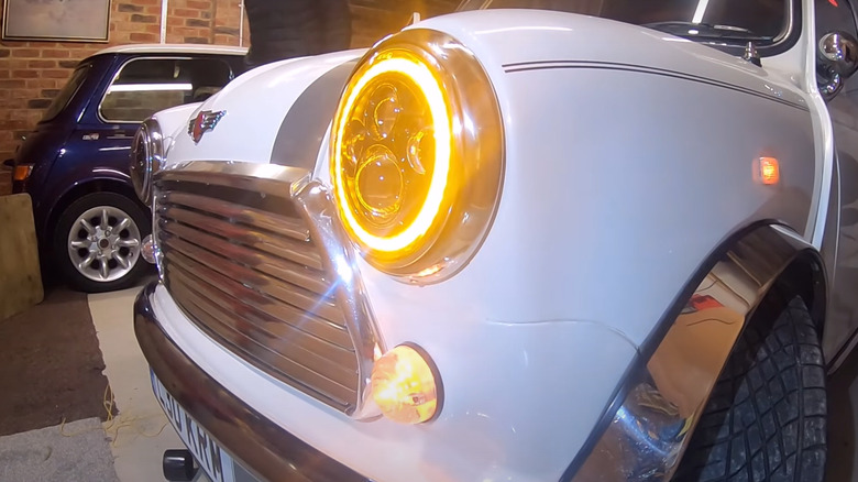 Close-up shot of LED Halo lights in a classic Mini