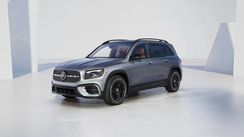 A silver 2026 Mercedes-Benz GLB SUV parked in the studio