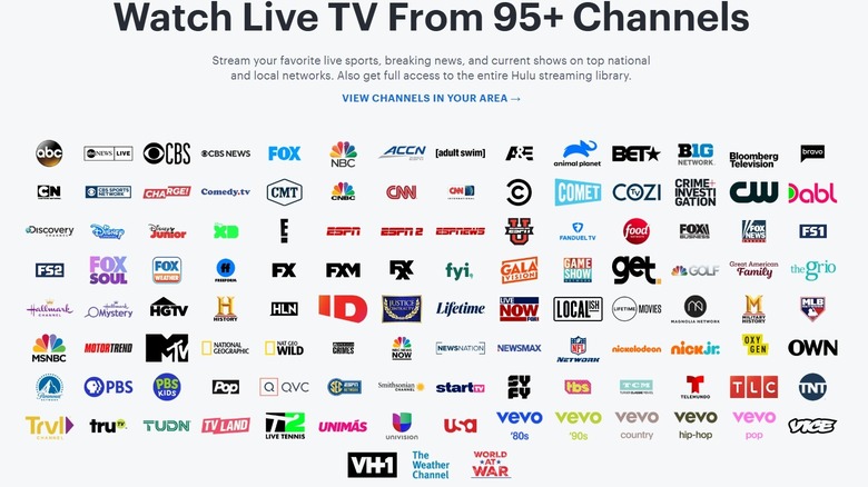 A screenshot of the logos of the TV channels offered by Hulu Live TV with the words "Watch Live TV From 95+ Channels"