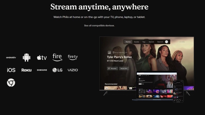 A screenshot of the Philo TV website showing compatible devices