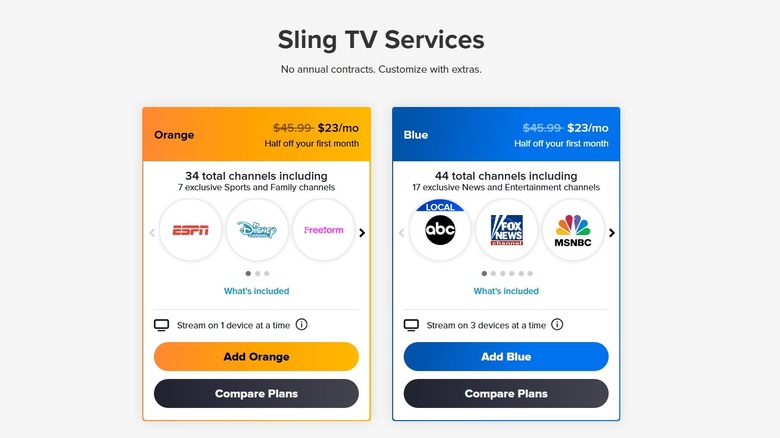 A screenshot of Sling TV Orange and Blue plans and pricing being compared