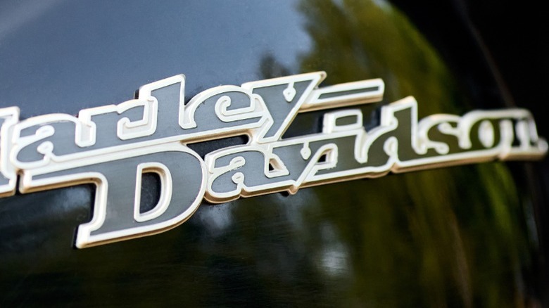 Harley Davidson logo on bike panel.
