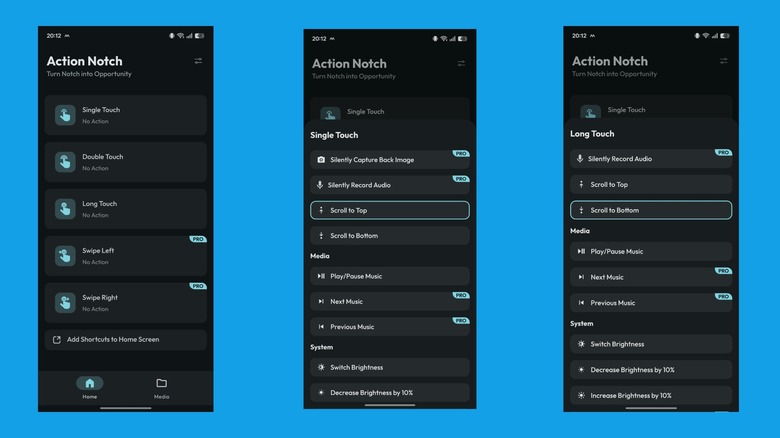 Configuring Single Touch and Double Touch gestures in Action Notch app.