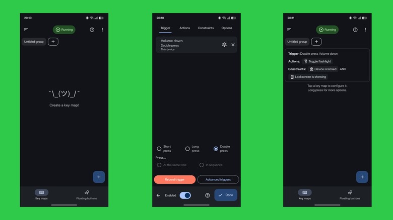 Creating a key mapping to toggle flashlight in Key Mapper on an Android phone.
