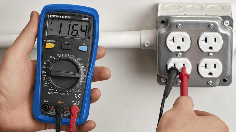 The Cen-Tech Digital Multimeter used to test a power outlet