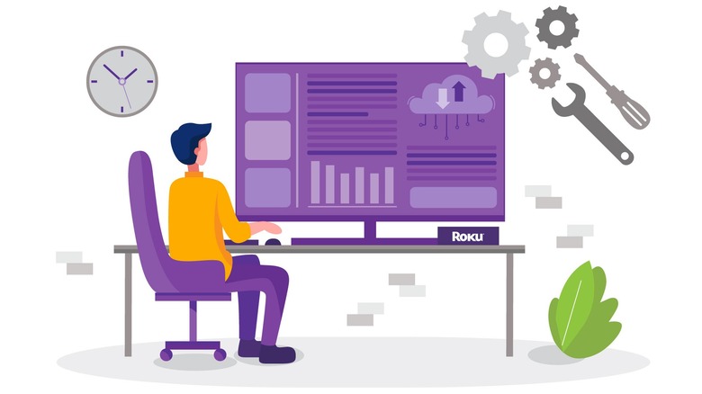 A drawing of a person sitting in front of a huge Roku TV
