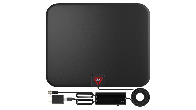 The Vgosite TV antenna on a white background next to some cables
