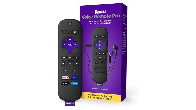 The Roku Voice Remote Pro with headphone jack next to its box